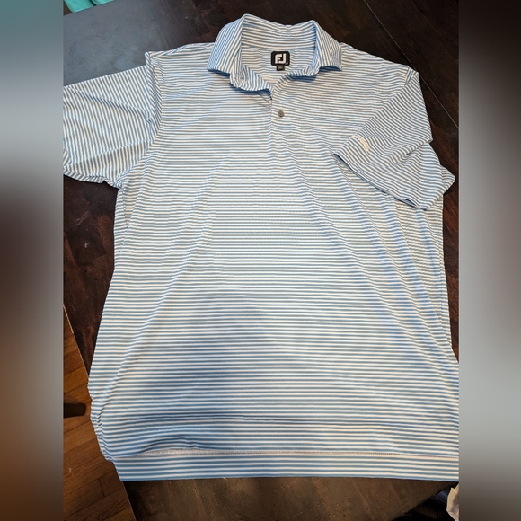 FootJoy Mens L Polo, Lt Blue/White Stripe with "Eaton Vance" Sleeve Embroidery - Picture 1 of 5